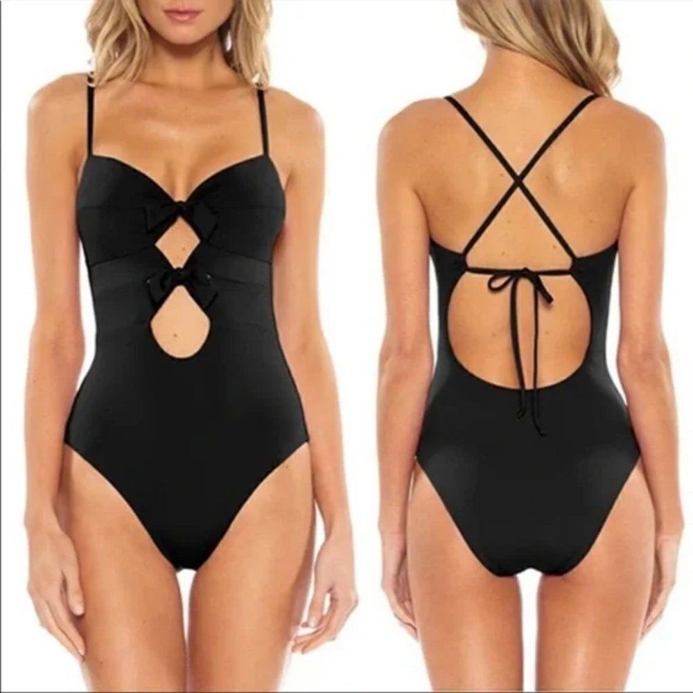 NEW! BECCA Double Tie Front One-piece Swimsuit size Small in Black